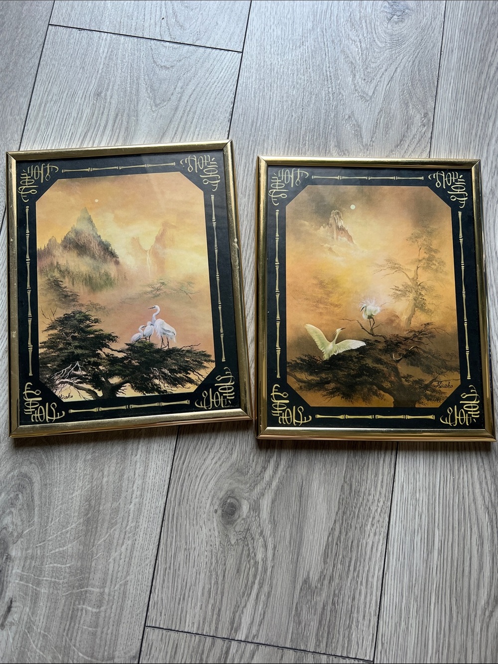 Gold Framed Oriental Crane Wall Art Pair - Gold and Black vintage